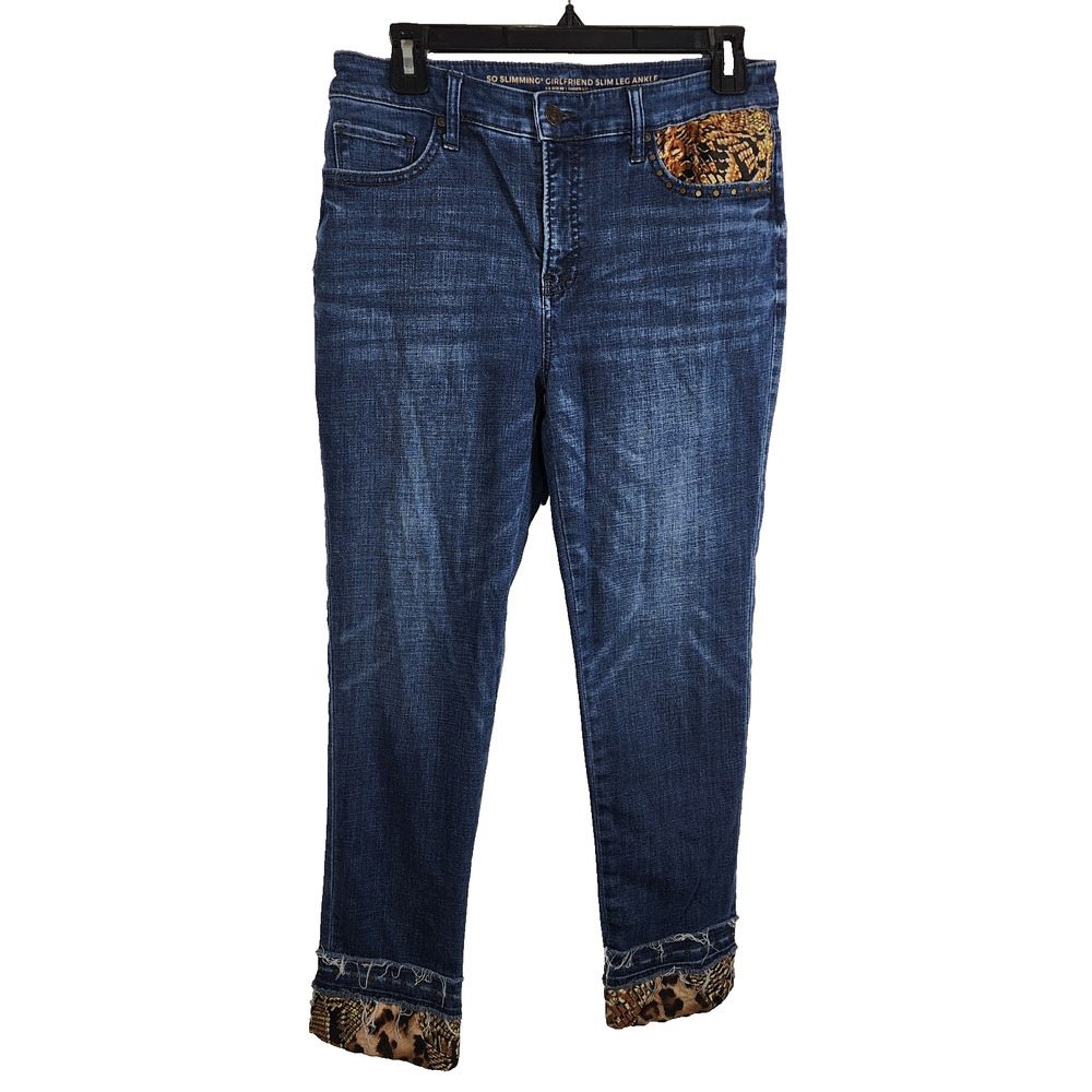 Chico’s So Slimming Girlfriend Animal Print Fray Hem Ankle Jeans Size 6R Denim